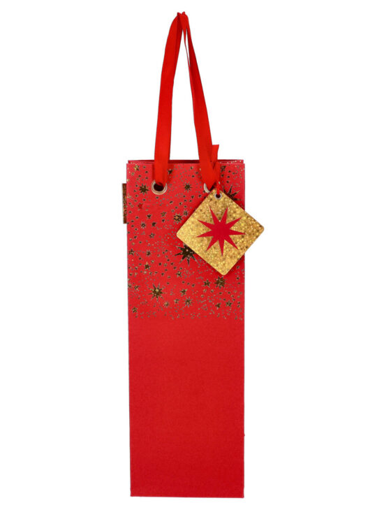 Darilna vrečka za steklenico - zvezde, rdeča, 12x35x8cm