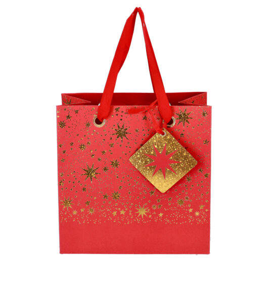 Darilna vrečka - zvezde, rdeča, 20x20x11cm