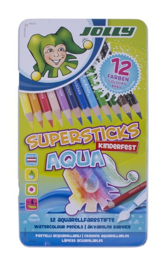 Barvice JOLLY Supersticks Aqua - kovinska škatla, 12 barv