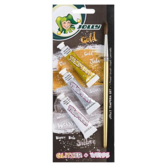 Tempera JOLLY - set 4/1 (zlata, srebrna, bela + čopič), 7,5 ml