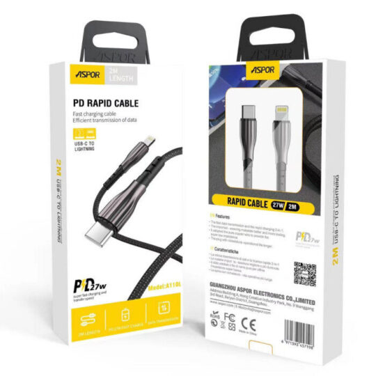 Kabel polnilni ASPOR TYPE-C/Lightning - 27W, nylon, 2 m, črna