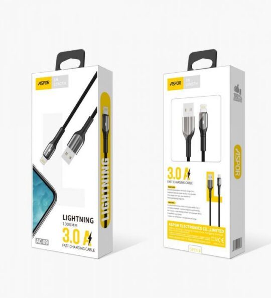 Kabel polnilni ASPOR za iPhone - 3.0A, LED, dolžina 1 m, črna