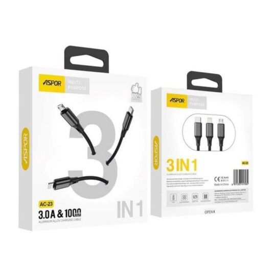 Kabel polnilni ASPOR - 3.0, 3V1, iPhone/Micro/Type-C, 1 m, črna