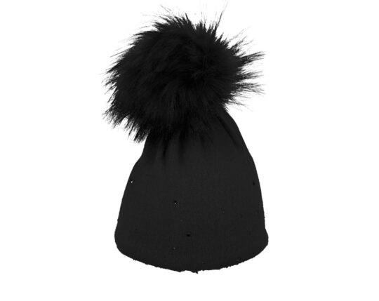 Kapa CAPU - črna, s cofom in kristali Swarovski, ženska