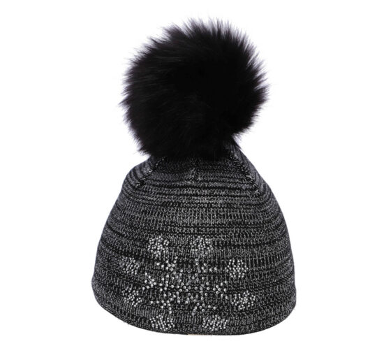 Kapa CAPU - črna, s cofom in kristali Swarovski, ženska