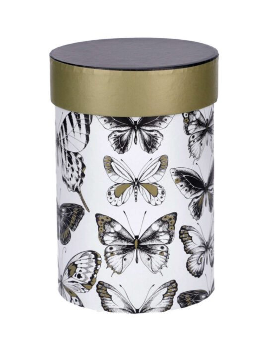 Darilna škatla okrogla - metulji, črno bela