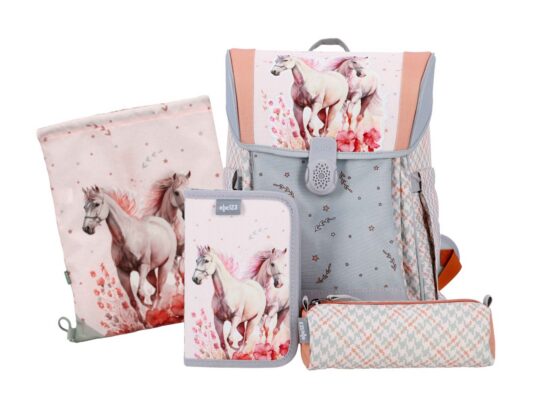 Šolska torba ABC123 Ergo Flexi - konji, 4-delni set