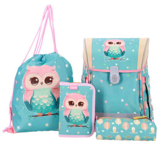 Šolska torba ABC123 Ergo Flexi - sova, 4-delni set