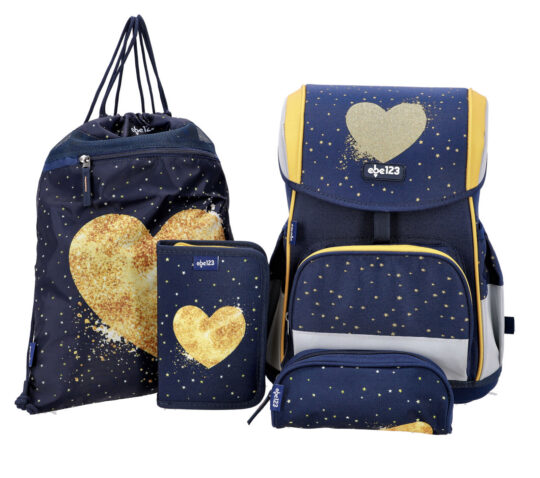 Šolska torba ABC123 - srce, fidlock, ergonomska, 4-delni set, 1. triada