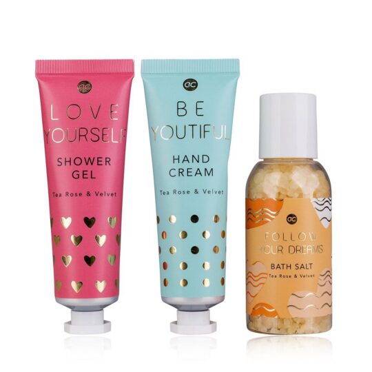 Darilni set BEAUTY TREATS - kopanje, gel 30 ml, krema za roke 30 ml in sol za kopanje 60 g
