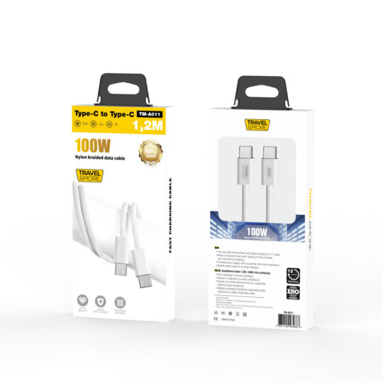 Kabel polnilni TRAVEL AND MORE - TYPE-C/TYPE-C, 100W, Fast Charge, dolžina 1.2 m, bel