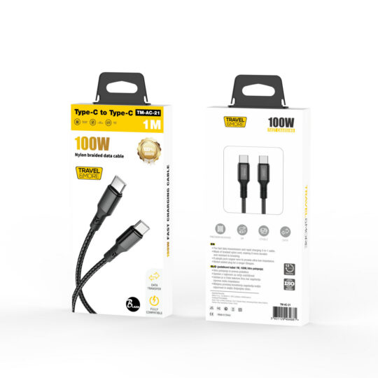Kabel polnilni TRAVEL AND MORE - TYPE-C/TYPE-C, 100W, dolžina 1 m, črn