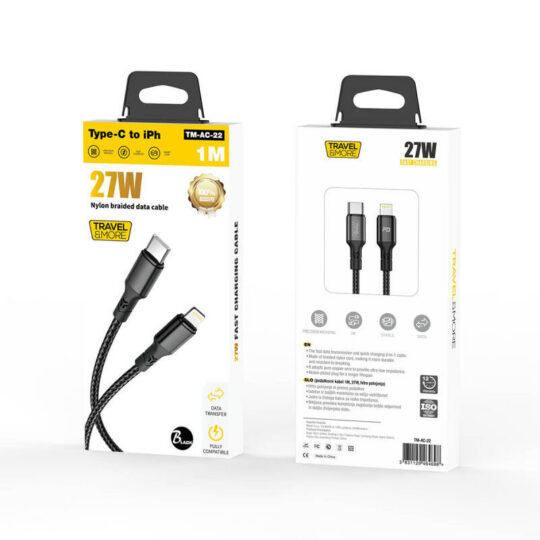 Kabel polnilni TRAVEL AND MORE - TYPE-C/Lightning, 27W, dolžina 1 m, črn