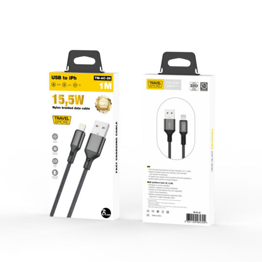 Kabel polnilni TRAVEL AND MORE - za iPhone, 3.1A, dolžina 1 m, črn