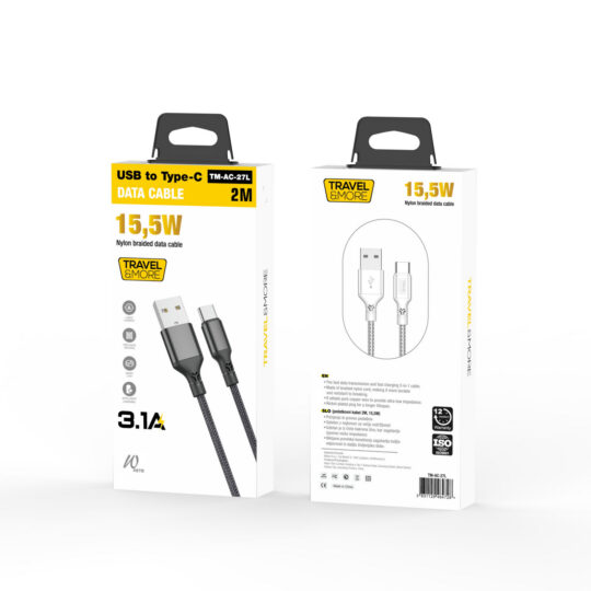 Kabel polnilni TRAVEL AND MORE - TYPE-C, 3.1A, dolžina 2 m, bel