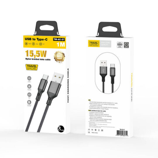 Kabel polnilni TRAVEL AND MORE - TYPE-C, 3.1A, dolžina 1 m, siv