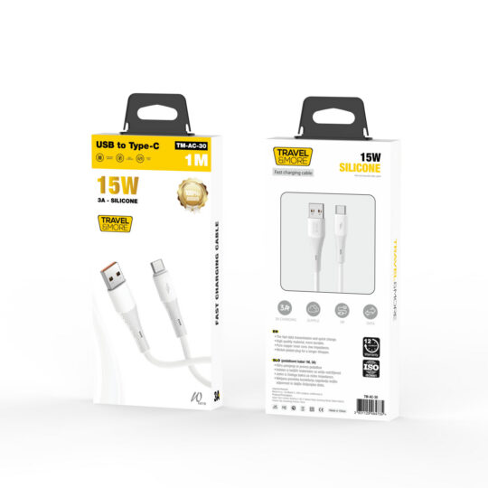 Kabel polnilni TRAVEL AND MORE - TYPE-C, 3A, Fast Charge, dolžina 1 m, bel