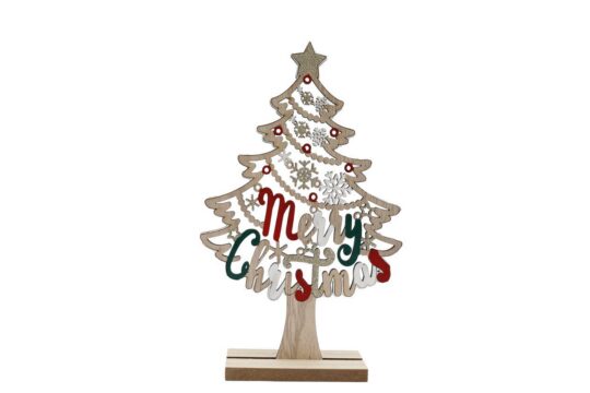 Dekoracija SILFC Leseno drevo - Merry Christmas, 24 cm