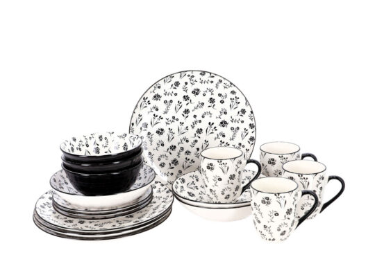 Krožnik HOME COLLECTION Premium - črnobele rože, 18-delni set