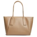 Beige leather tote bag with two handles and visible TOMMY HILFIGER logo on the front