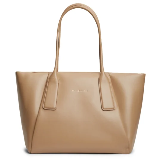 Beige leather tote bag with two handles and visible TOMMY HILFIGER logo on the front
