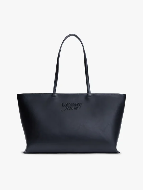 Navy leather tote bag with two parallel handles and an embossed 'tommy jeans' logo on the front.