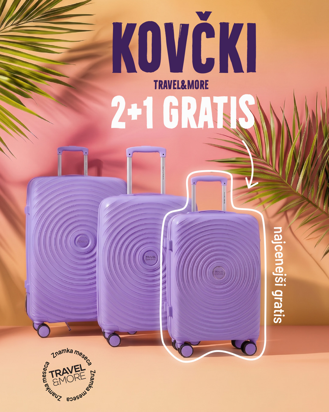 Promotional image with three purple suitcases on a peach gradient background and palm leaves; text reads 'KOVČKI' and '2+1 GRATIS' for a travel offer.