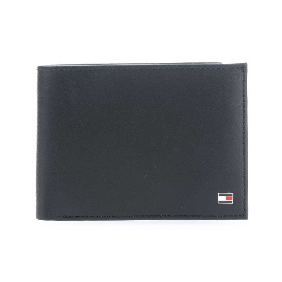 Black bi-fold wallet with small rectangular logo in the bottom-right corner.