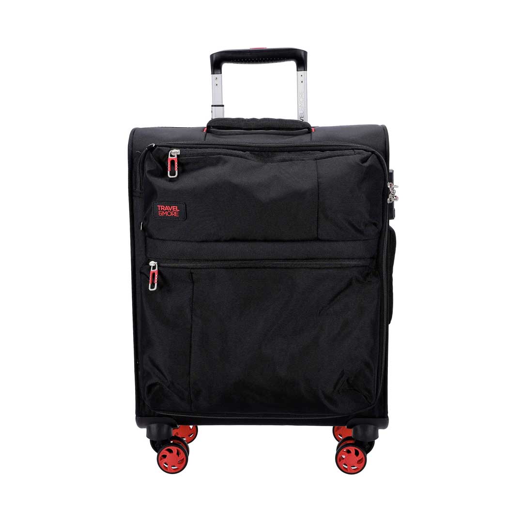 Black rolling suitcase with red zipper pulls and red wheels, upright with extendable handle ready for travel, front pockets visible