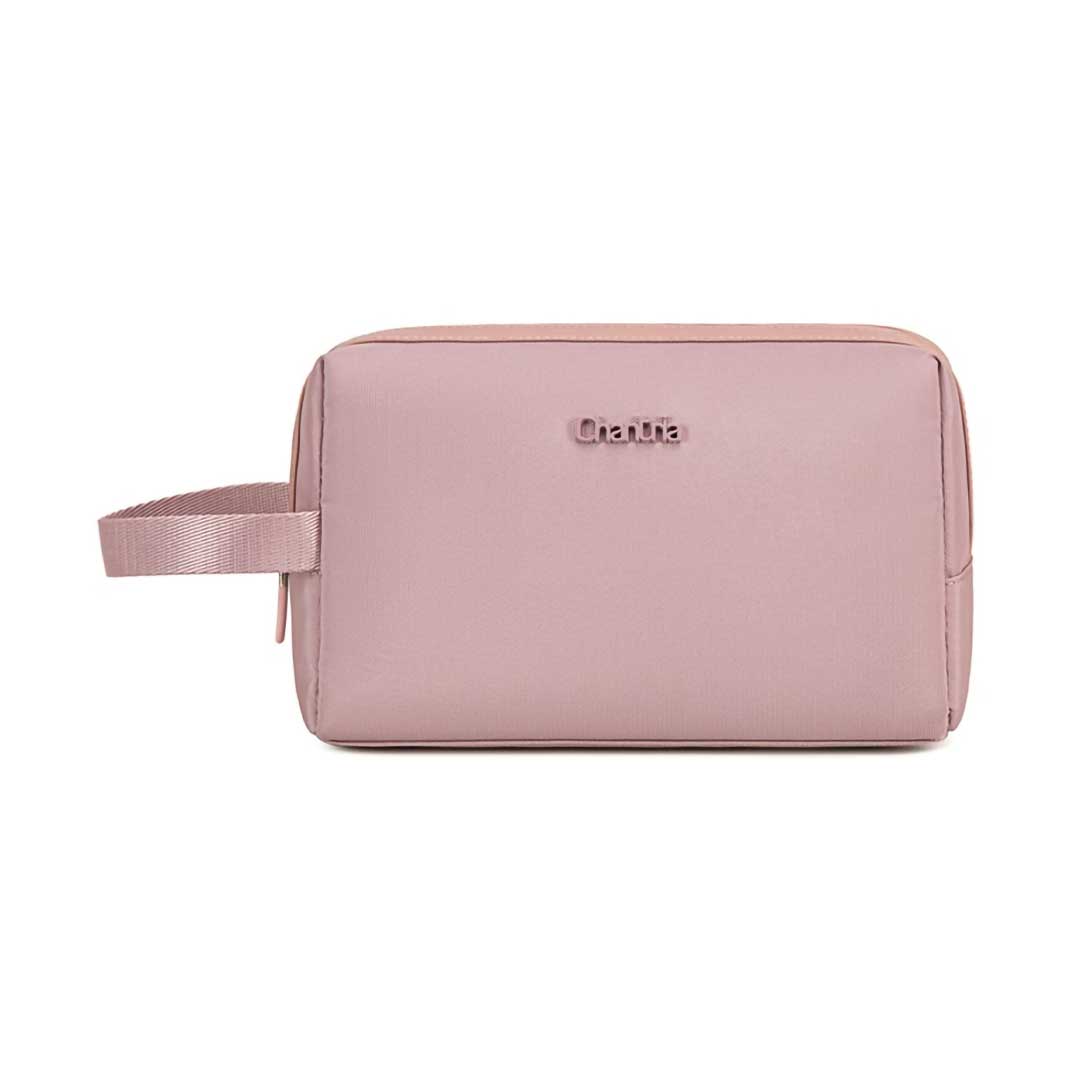 Pink rectangular cosmetic bag with a short side handle, zipper at the top, ideal for travel or makeup storage.