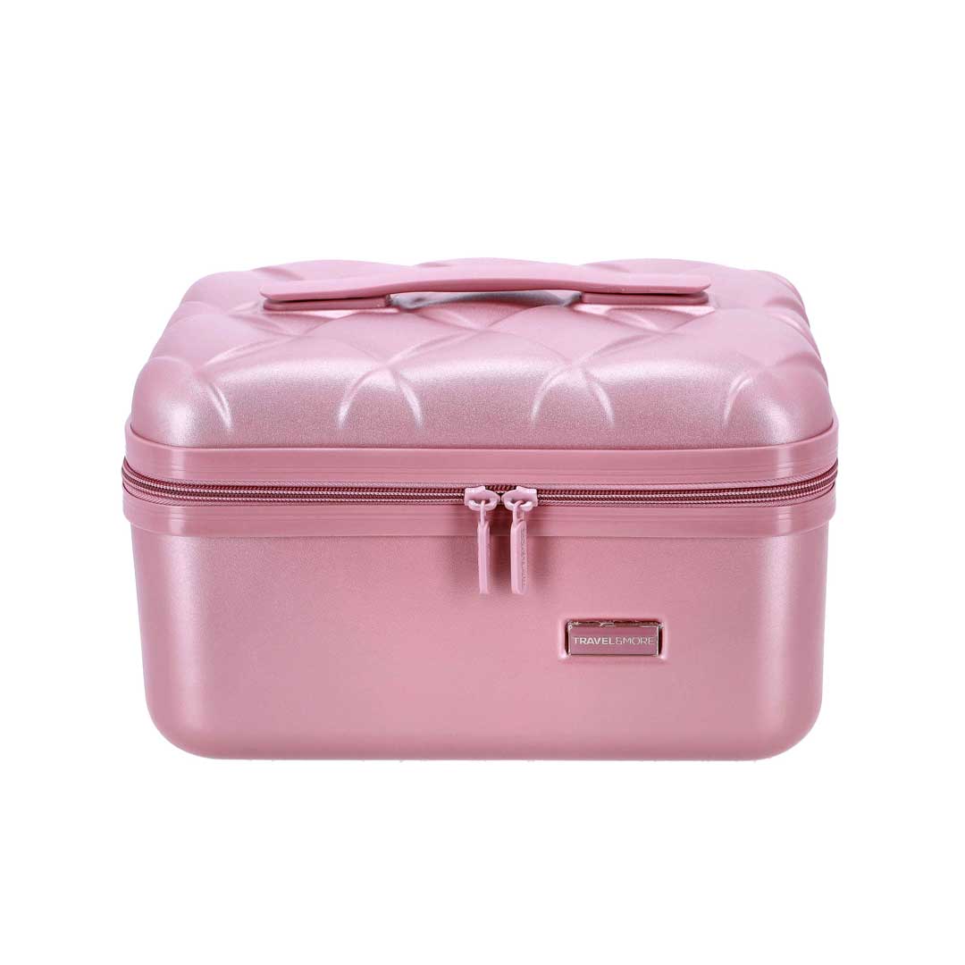 Pink, quilted compact makeup case with a top handle and double zipper, labeled Travel & More