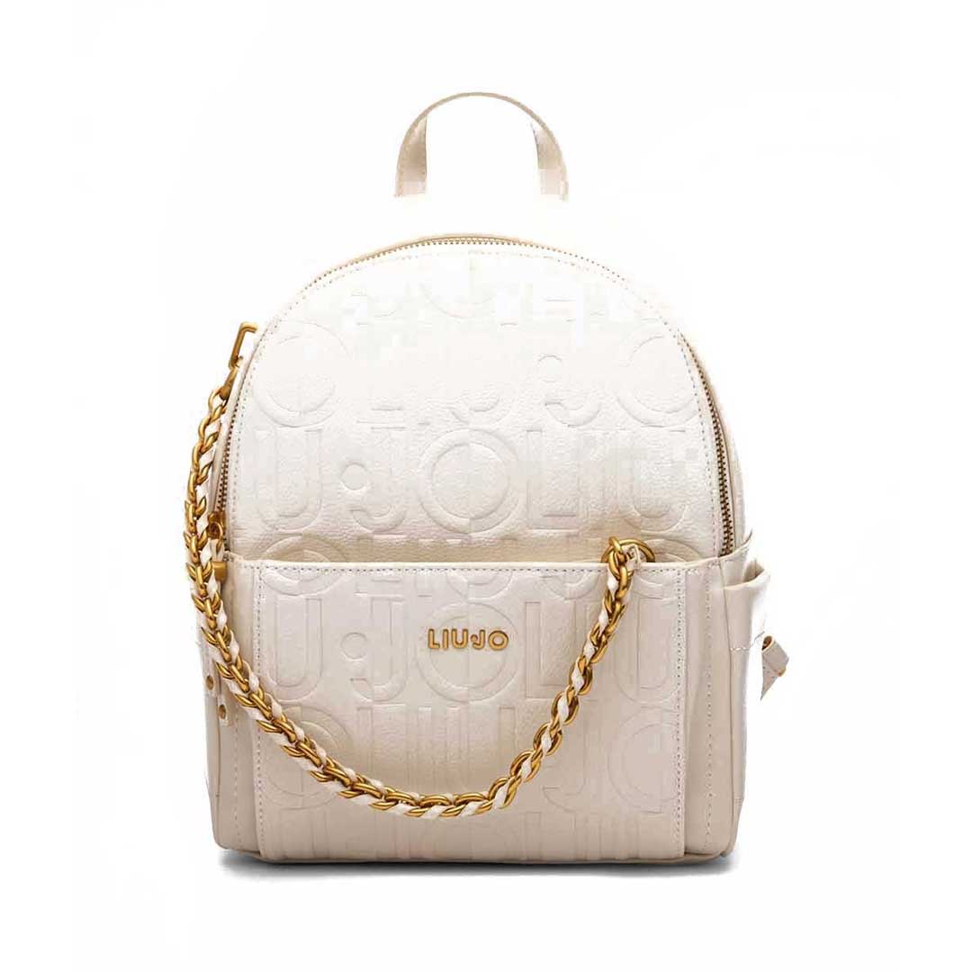 Cream mini backpack with embossed LIU JO logo pattern, a gold chain strap, and a small top handle.