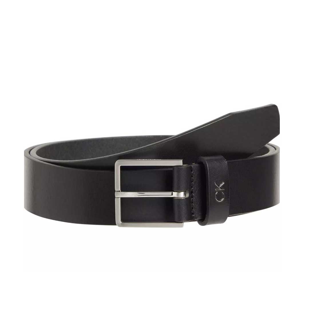 Black leather belt with a silver rectangular buckle and CK-branded loop piece on the side.