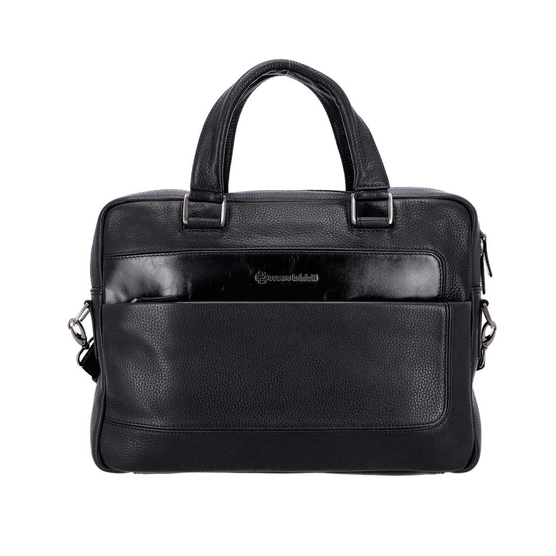 Black pebbled leather handbag with two short handles and a front pocket.