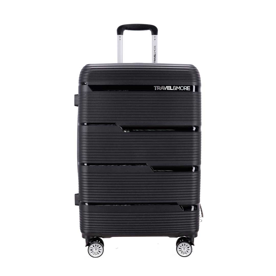 Black hard-shell rolling suitcase with four spinner wheels and a pull-out handle, branded Travel&More on the front panel.