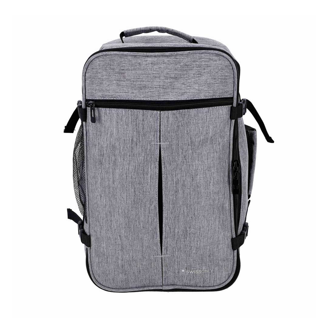 Gray travel backpack with multiple zippered compartments and side mesh pocket, standing upright.