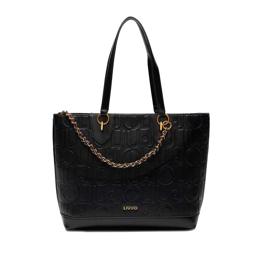 Black embossed Liu Jo tote bag with gold-tone chain handle and dual shoulder straps