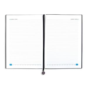 Open notebook with two lined pages, a blue bookmark at the bottom center.