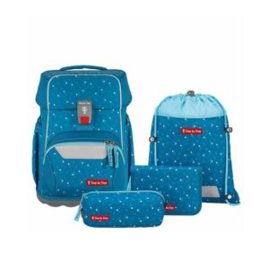 Blue star-patterned school backpack set: large backpack, drawstring bag, pencil case, and small zip pouch.