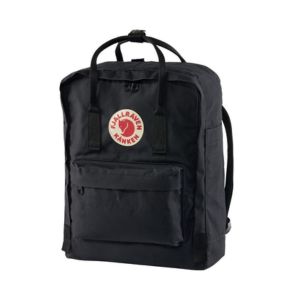 Black Fjällräven Kånken backpack with a front zip pocket and top handle.