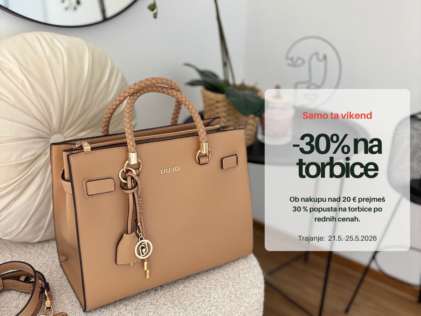 Beige LIU JO handbag with braided handles on a sofa, with a sale banner showing 30% off on handbags.
