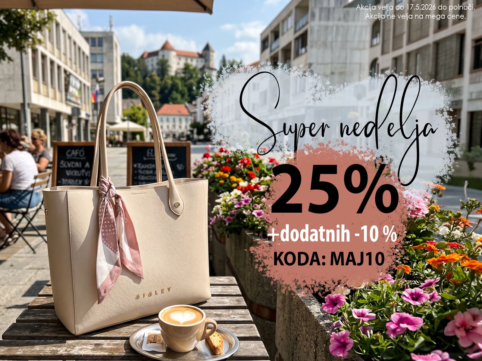 Beige handbag on a wooden table at an outdoor cafe with coffee and flowers, overlaid with a 25% sale banner and code MAJ10.