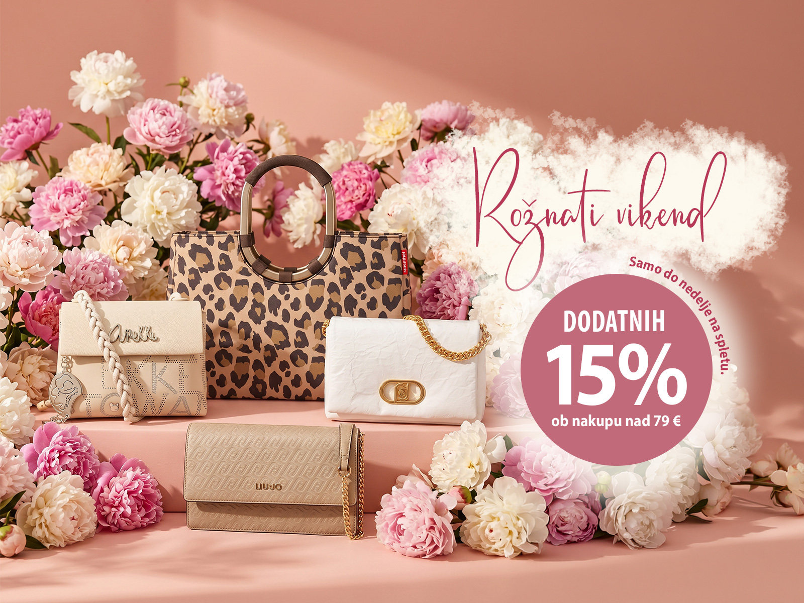 Promotional banner with pink flowers and luxury handbags, announcing a 15% discount promotion.