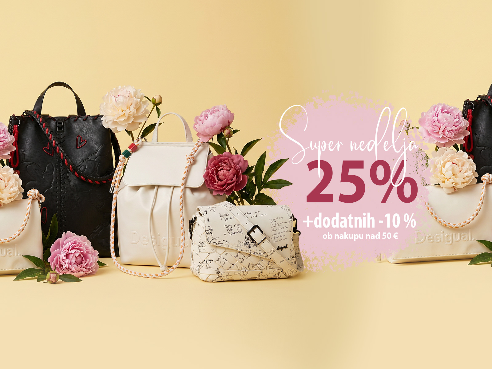 Collection of handbags and pink peonies against a pale yellow backdrop with a pink sale banner showing '25%'.
