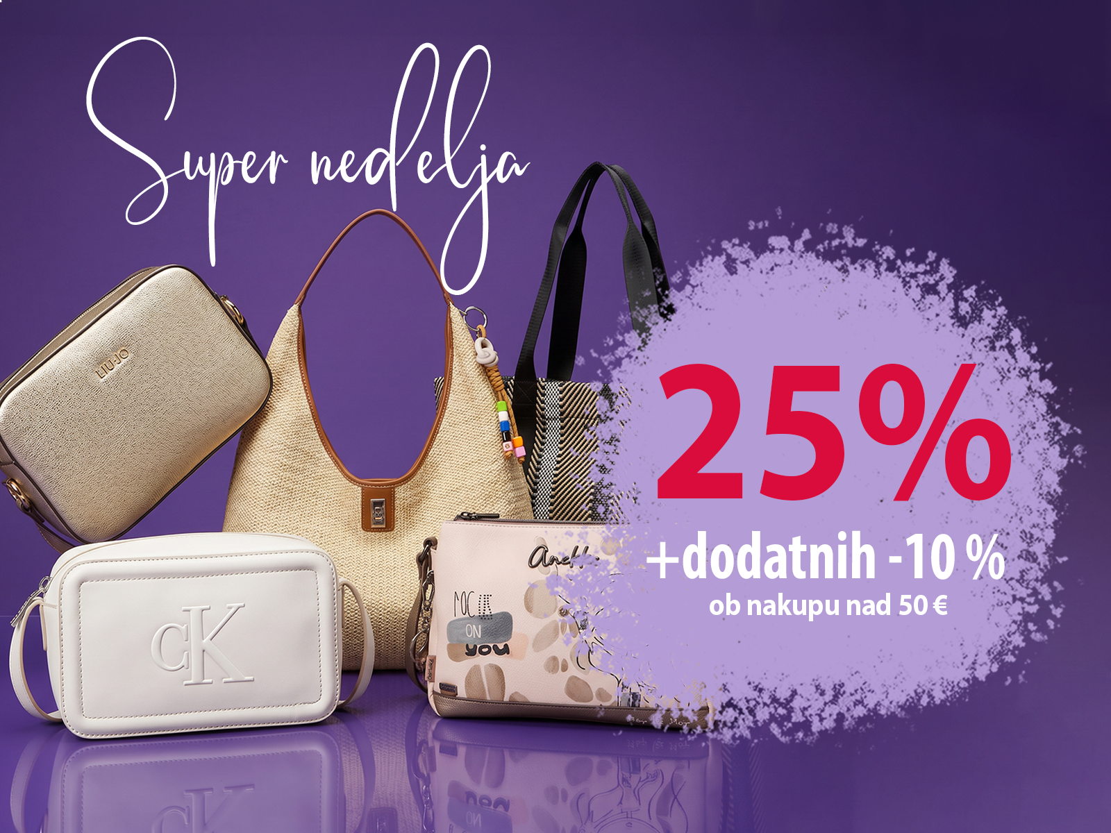 Promotional banner advertising 25% off handbags with an extra 10% off on purchases over €50, on a purple background