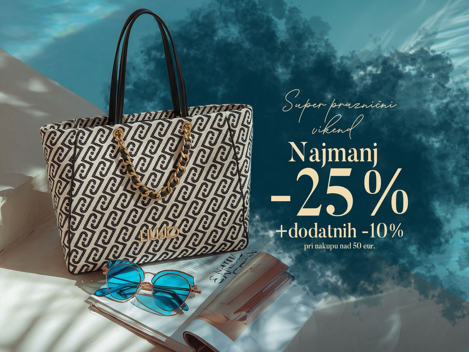Patterned handbag with gold chain and blue sunglasses on a magazine, promoting a -25% sale.