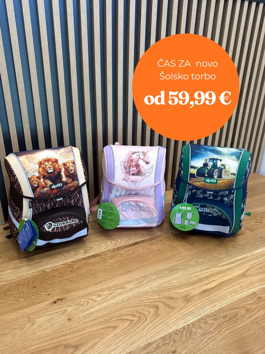 Three colorful kids' backpacks on a wooden table with animal and vehicle designs; an orange price badge reads 'od 59,99 €' in the top-right corner.
