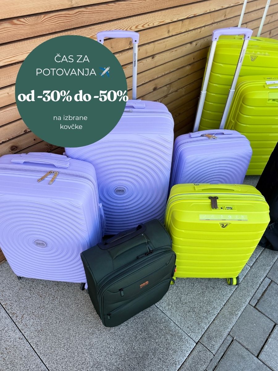 Promo circle on green buys: sale on suitcases—30% to 50% off on selected bags, with pastel purple and lime luggage nearby