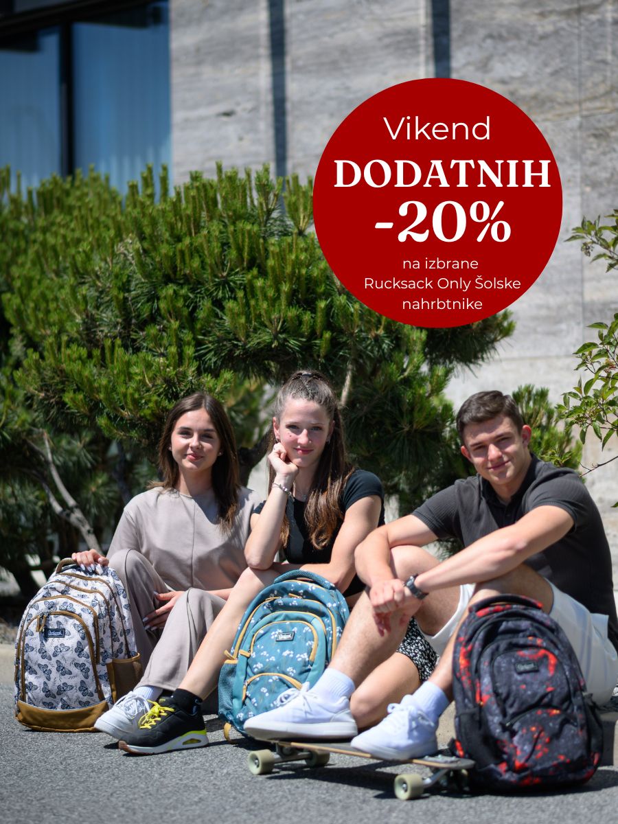 Three teens with backpacks sit on the ground outdoors, with a large red promo circle announcing a weekend 20% discount on selected backpacks.