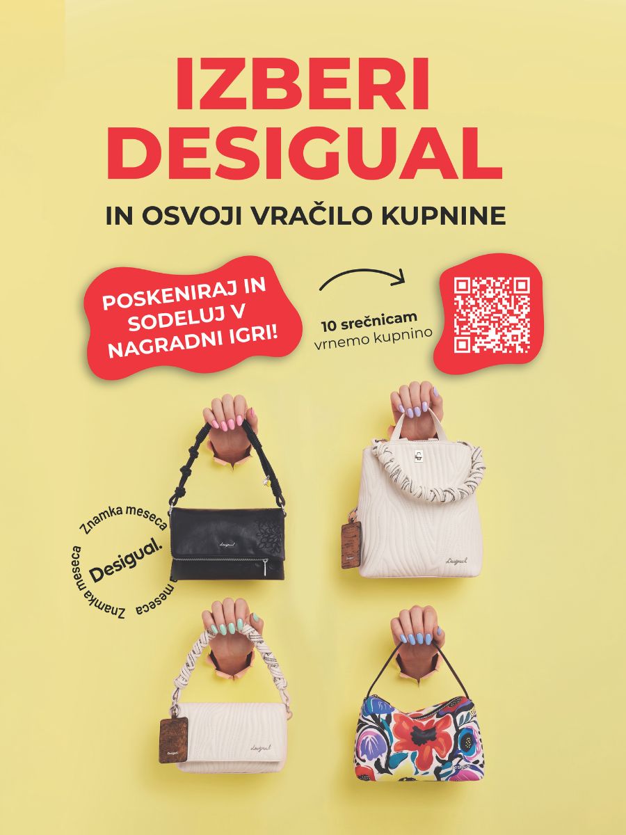 Promotional poster for Izberi Desigual with four handbags on a yellow background, a red badge saying 'Poskeniraj in sodeluj v nagradni igri!' and a QR code for the prize draw.